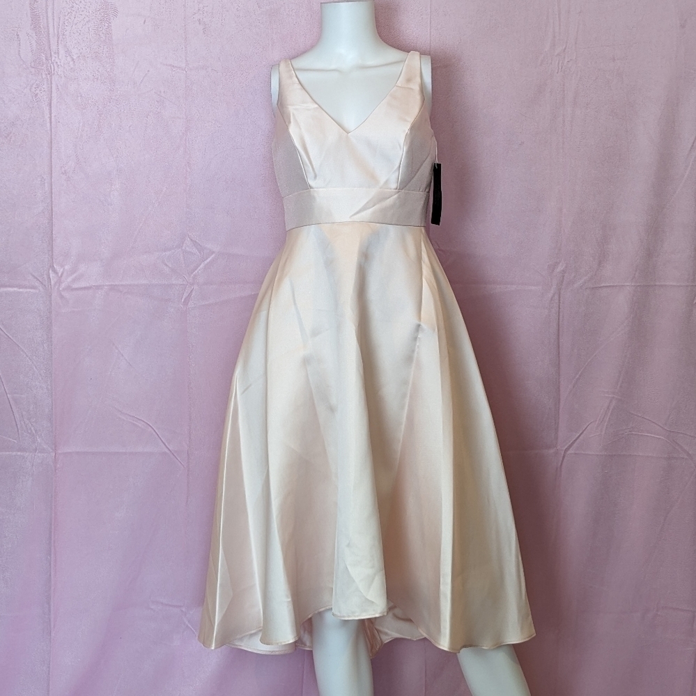 Alfred Sung Sateen Twill V Neck Hi Low Bridesmaid Dress in Blush Pink